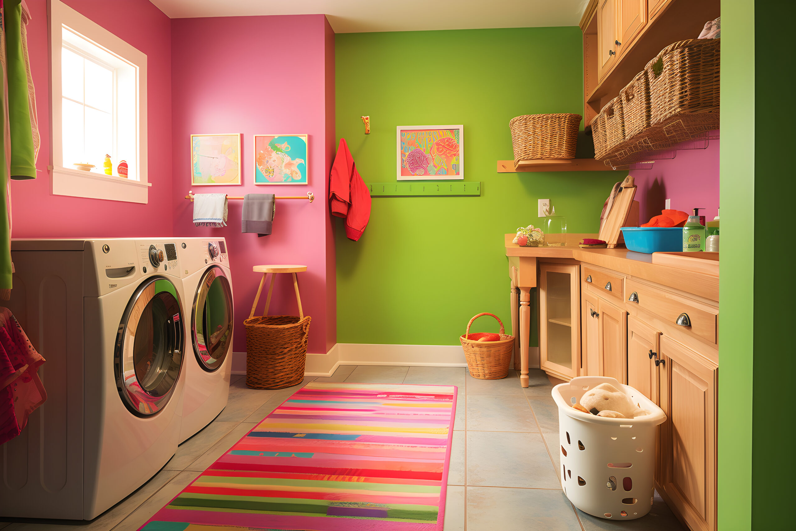a-laundry-room-with-a-pink-and-green-wall-and-a-pink-washer-and-dryer